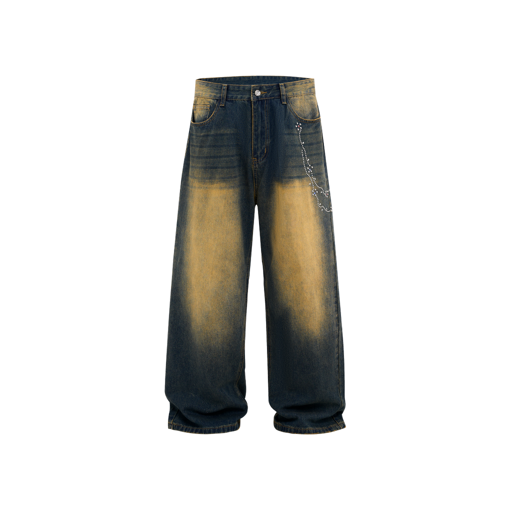 Lanna Muay Thai Vintage Gradient Rhinestone Wide-Leg Jeans