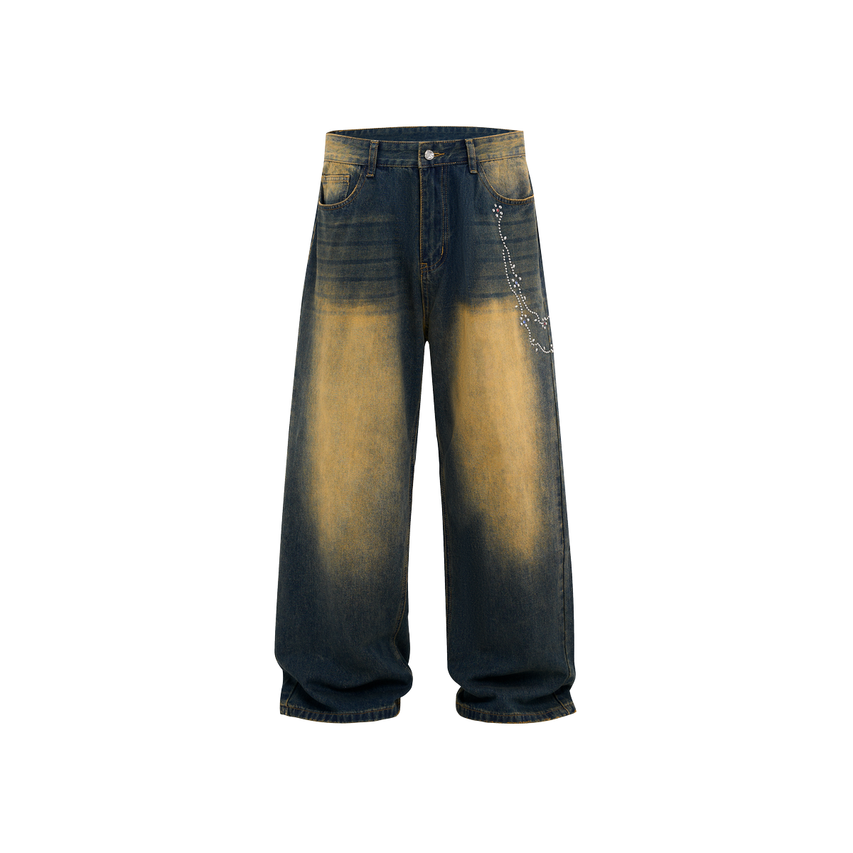 Lanna Muay Thai Vintage Gradient Rhinestone Wide-Leg Jeans
