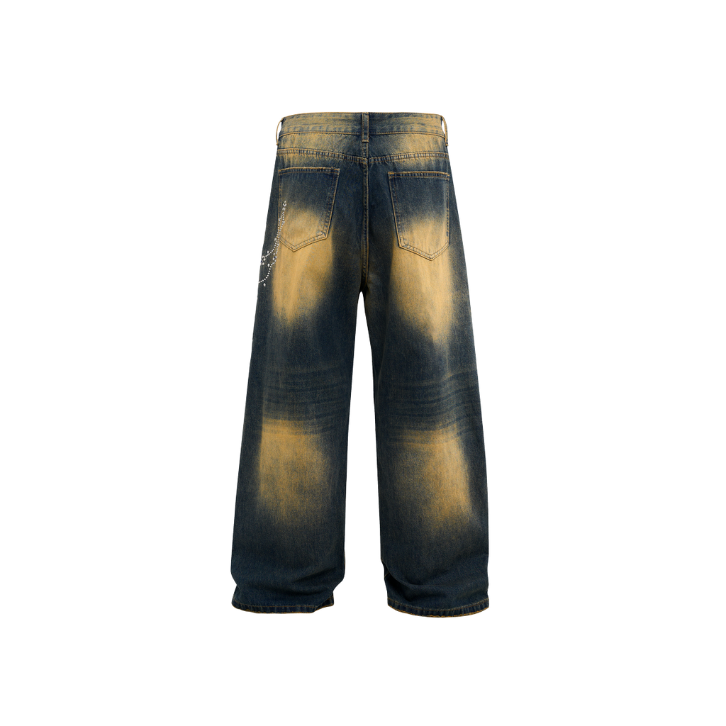 Lanna Muay Thai Vintage Gradient Rhinestone Wide-Leg Jeans