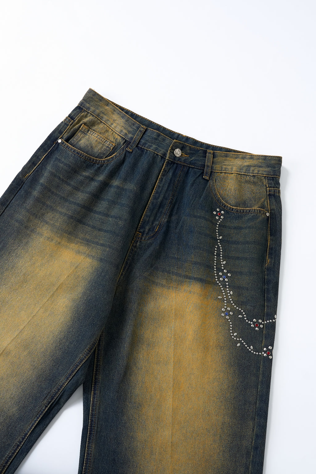 Lanna Muay Thai Vintage Gradient Rhinestone Wide-Leg Jeans