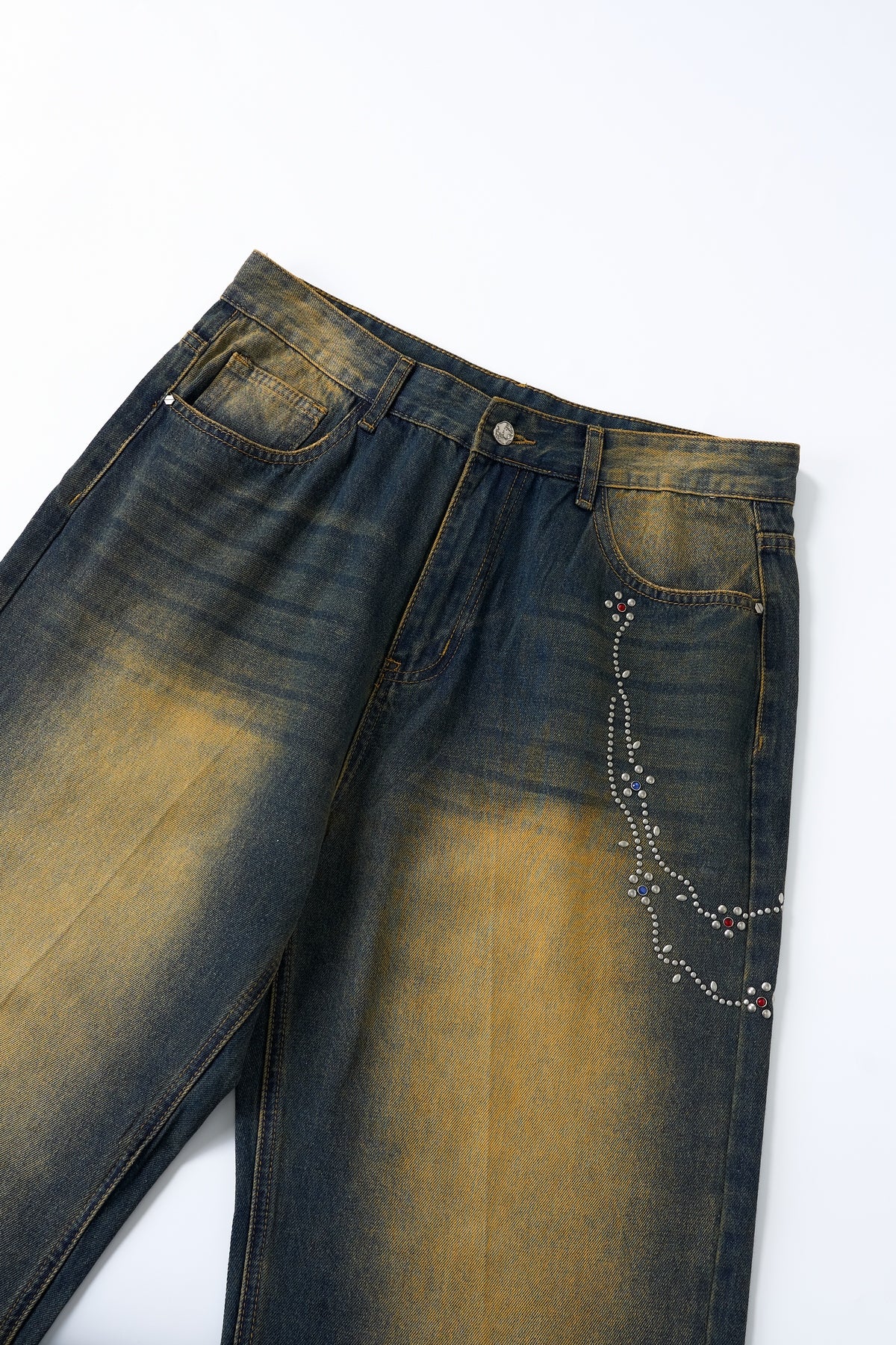 Lanna Muay Thai Vintage Gradient Rhinestone Wide-Leg Jeans