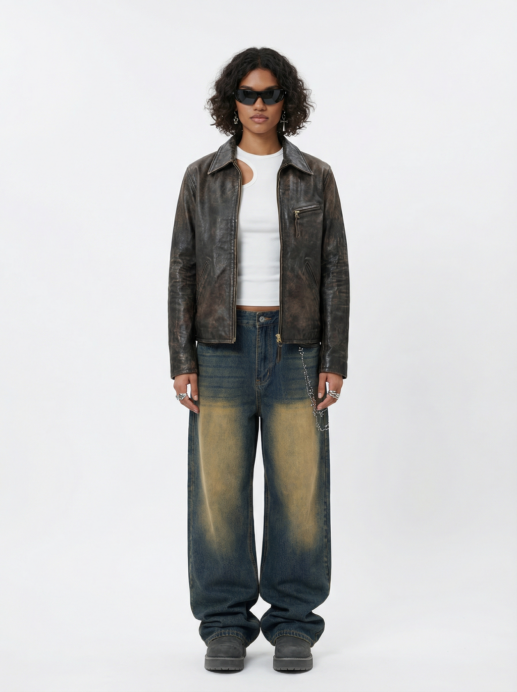 Lanna Muay Thai Vintage Gradient Rhinestone Wide-Leg Jeans
