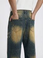 Lanna Muay Thai Vintage Gradient Rhinestone Wide-Leg Jeans