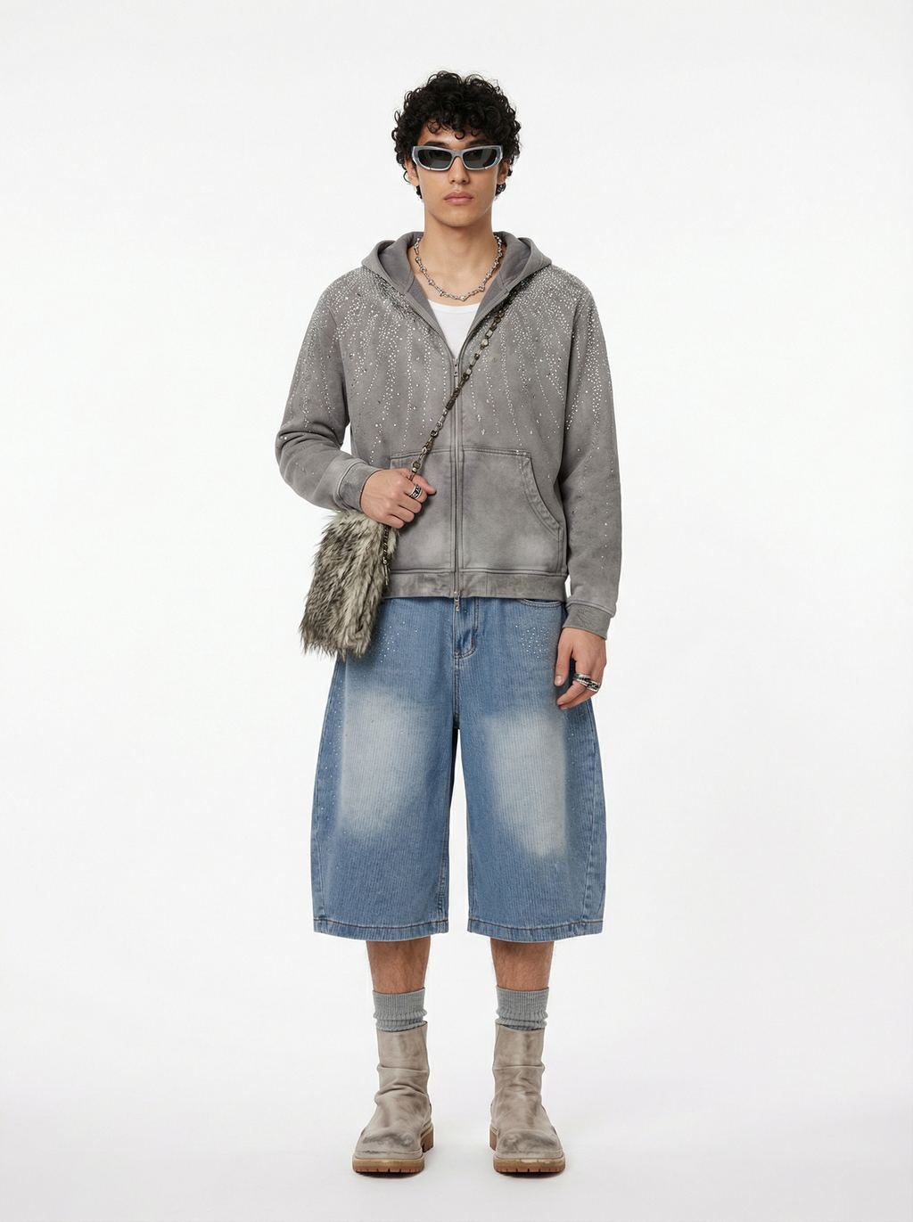Lanna Muay Thai Rhinestone Denim Culotte Shorts