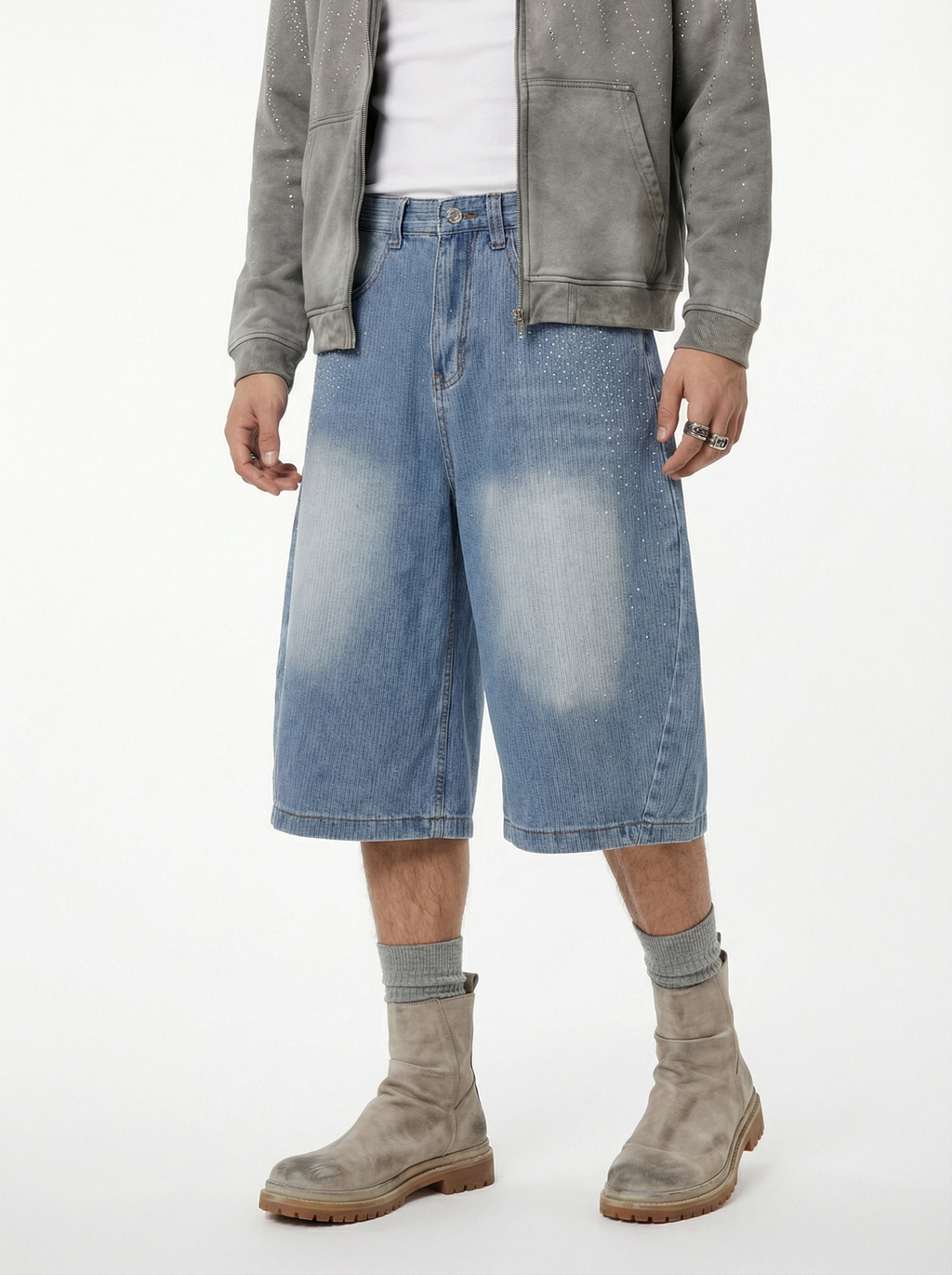 Lanna Muay Thai Rhinestone Denim Culotte Shorts